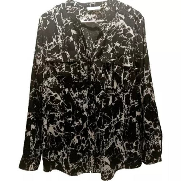 Calvin Klein Womens Blouse Medium Black White Roll Tab Long Sleeve Front Pockets - Picture 1 of 9